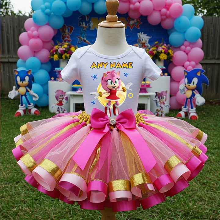 Sonic the Hedgehog Movie Amy Rose Tutu Set Girls Personalized Custom Pink Gold Hot Pink Ribbon Sewn Trim Tutu Outfit Dress Theme Cake Smash Party