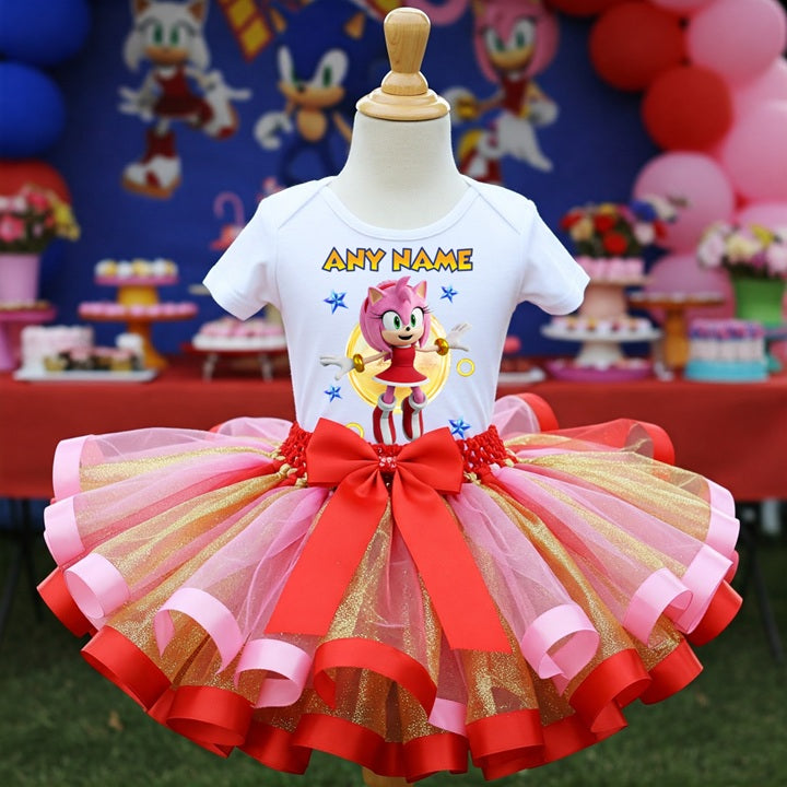Sonic the Hedgehog Movie Amy Rose Tutu Set Girls Personalized Custom Pink Gold Red Ribbon Sewn Trim Tutu Outfit Dress Theme Cake Smash Party