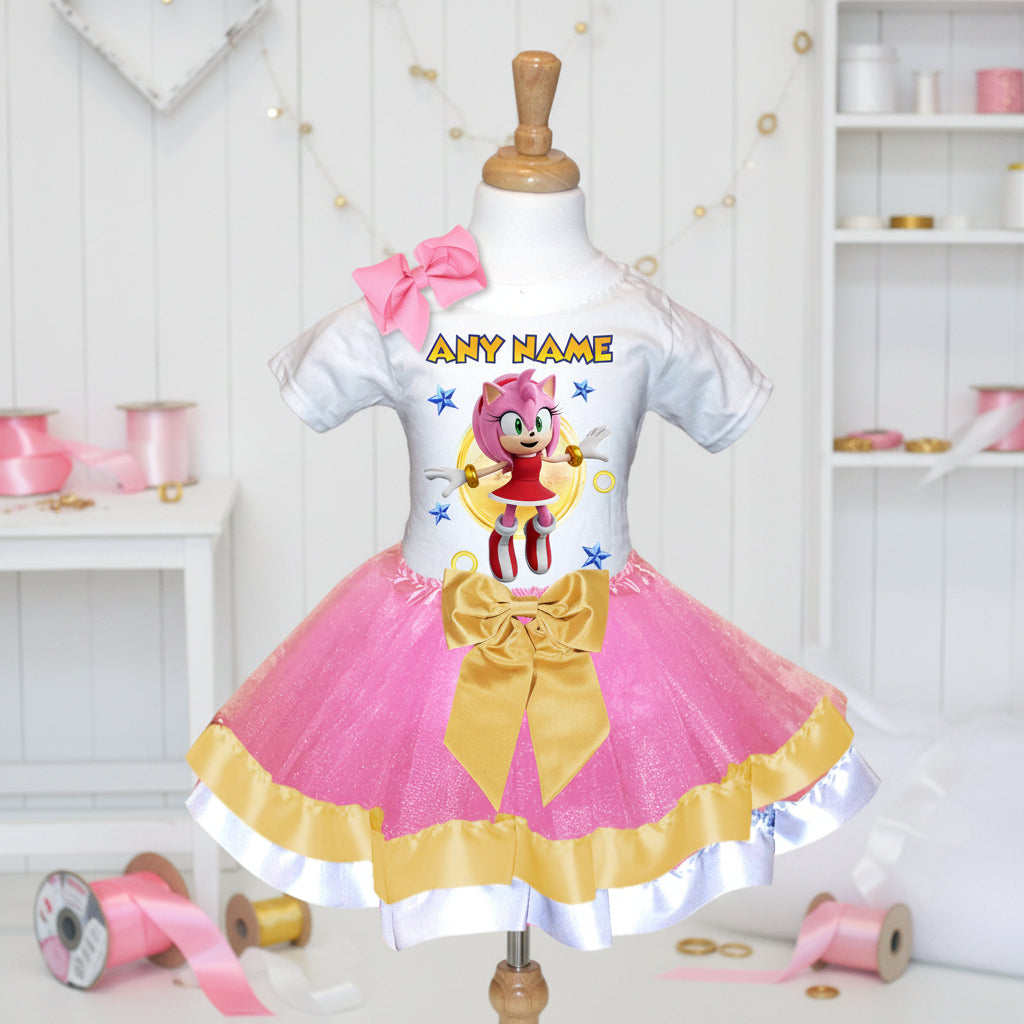 Sonic the Hedgehog Movie Amy Rose Tutu Set Girls Personalized Custom Pink Gold White Ribbon Trim Tutu Outfit Dress Theme Cake Smash Party