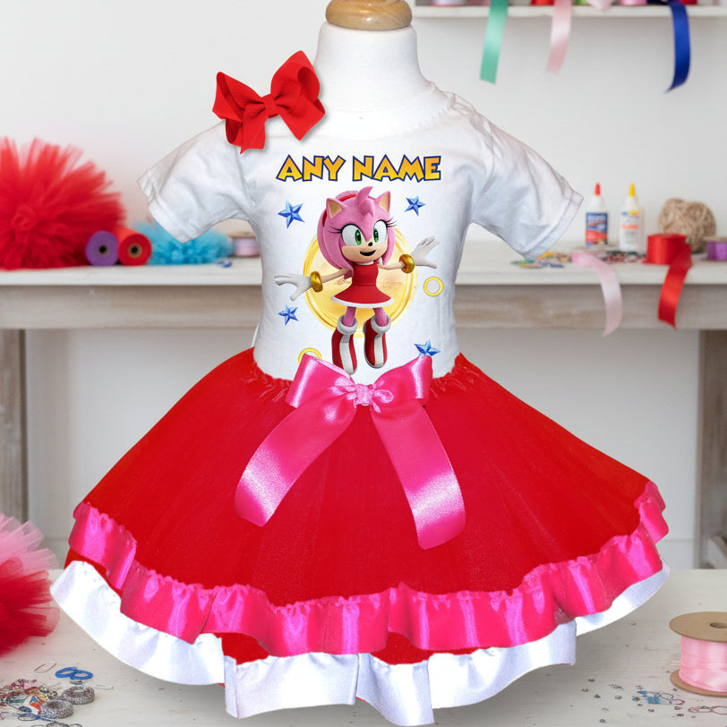 Sonic the Hedgehog Movie Amy Rose Tutu Set Girls Personalized Custom Red Hot Pink White Ribbon Trim Tutu Outfit Dress Theme Cake Smash Party
