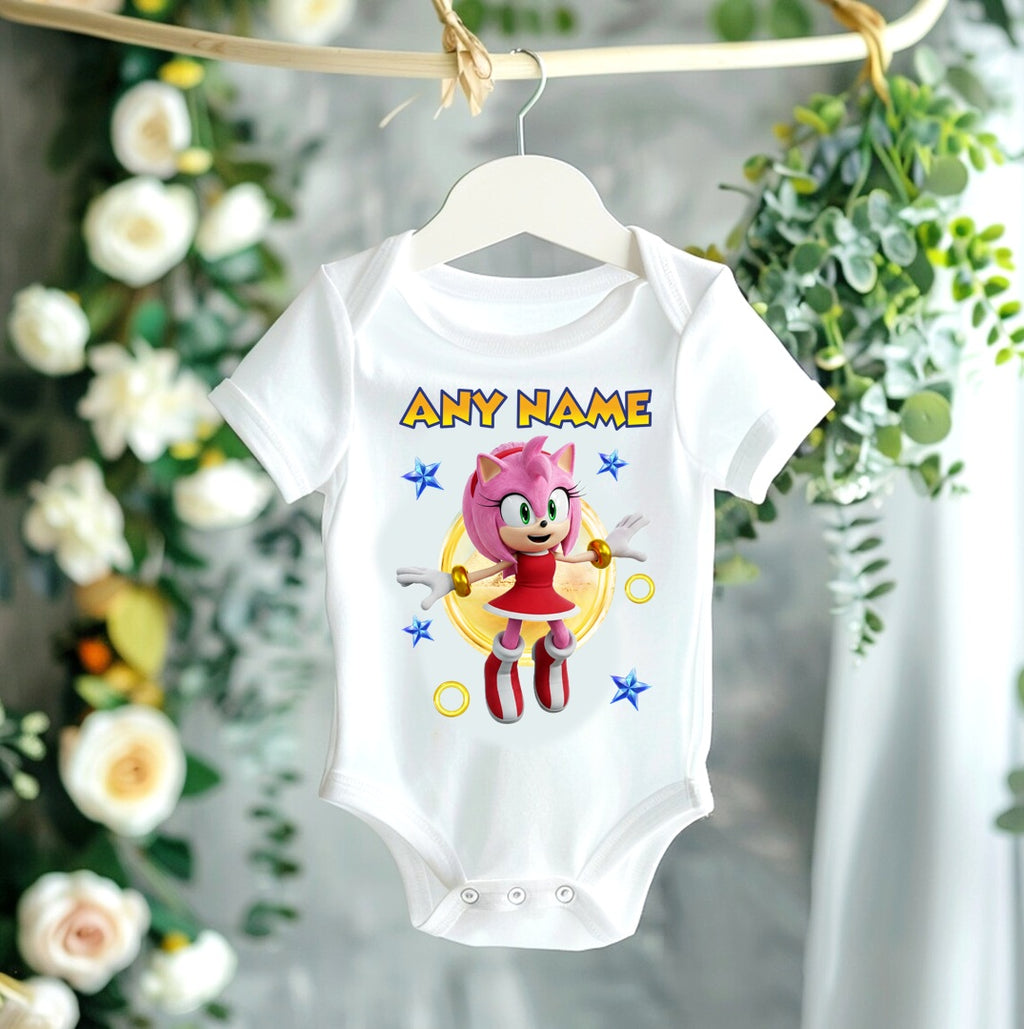 Sonic the Hedgehog Movie Amy Rose Personalized Custom White T-Shirt or Onesie Theme Cake Smash Party