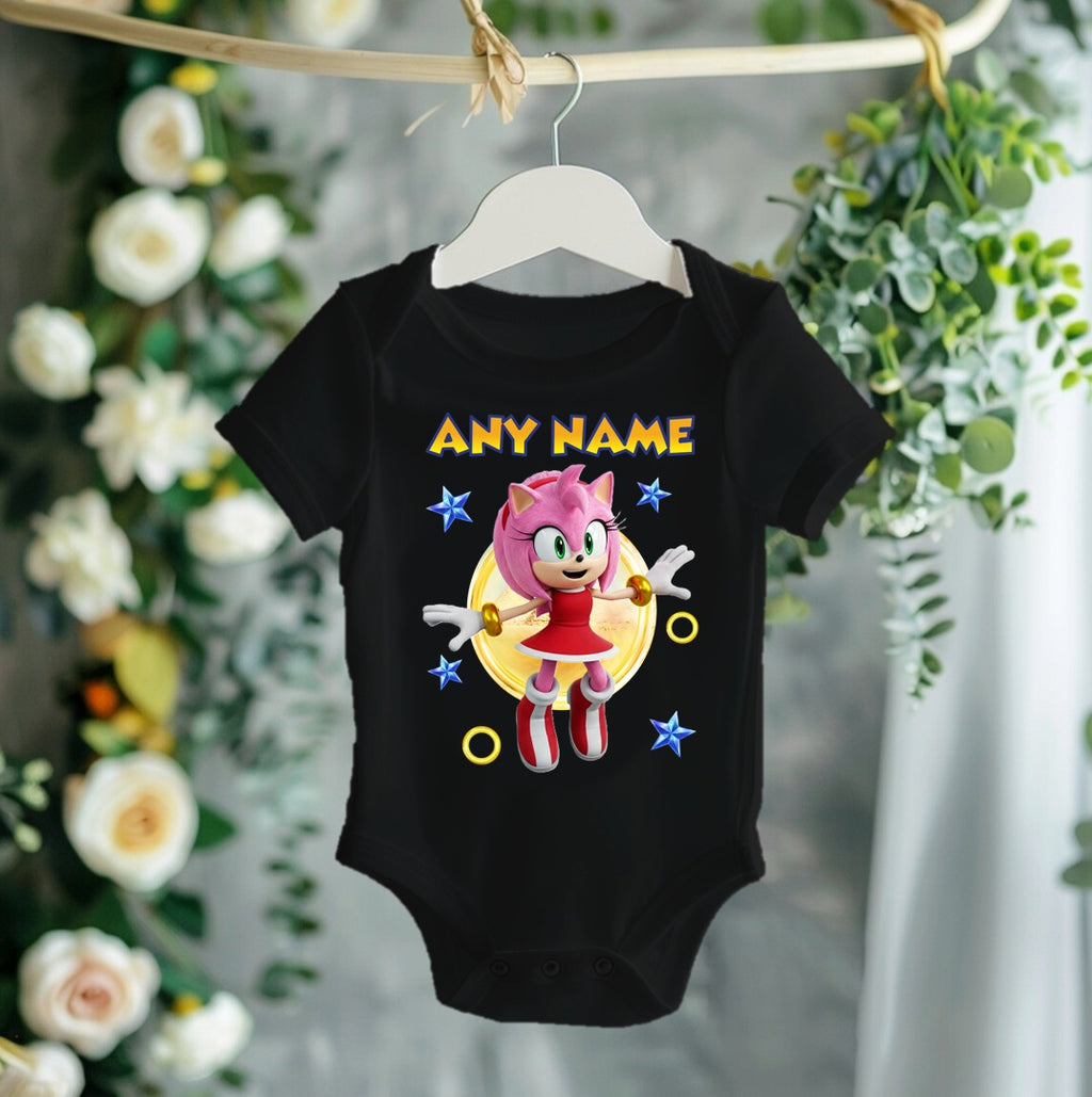 Sonic the Hedgehog Movie Amy Rose Personalized Custom Black T-Shirt or Onesie Theme Cake Smash Party