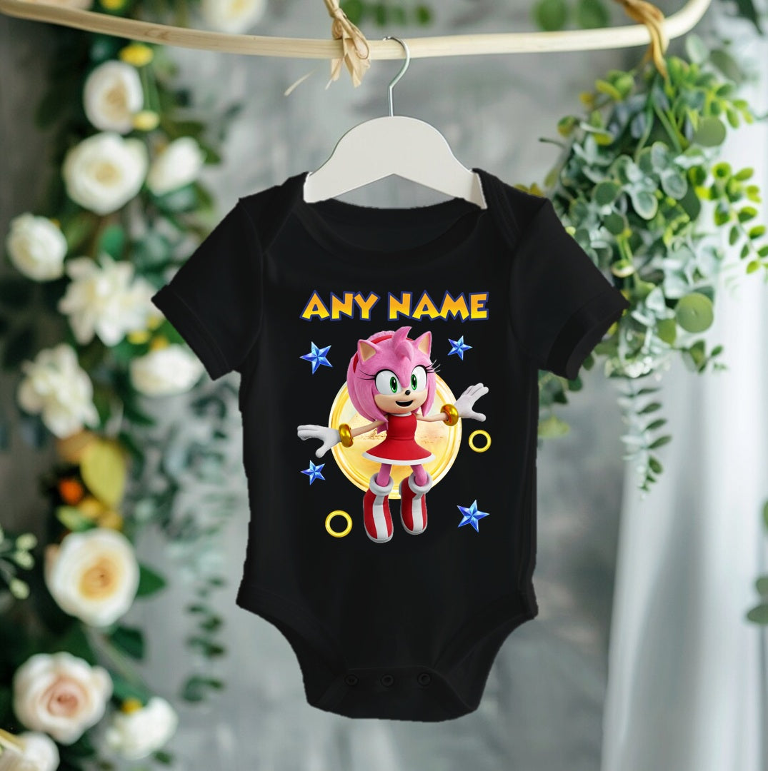 Sonic the Hedgehog Movie Amy Rose Personalized Custom Black T-Shirt or Onesie Theme Cake Smash Party