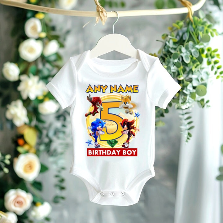 Sonic the Hedgehog Movie Group Personalized Custom White T-Shirt or Onesie Theme Cake Smash Birthday Party