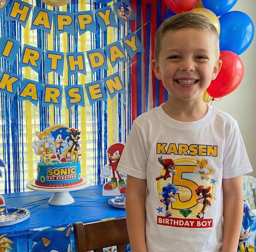 Sonic the Hedgehog Movie Group Personalized Custom White T-Shirt or Onesie Theme Cake Smash Birthday Party