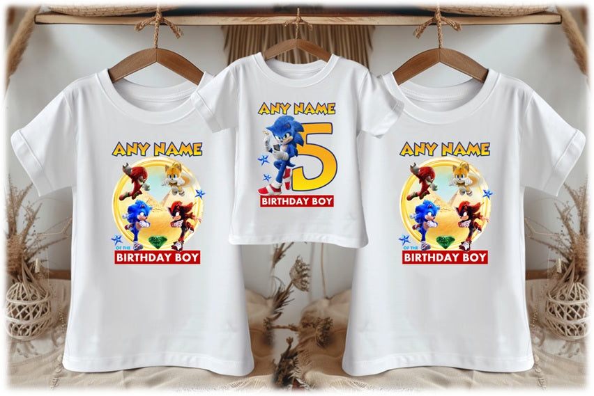 Sonic the Hedgehog Movie Sonic Personalized Custom White Family T-Shirt or Onesie Pack Theme Cake Smash Birthday Party