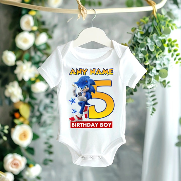 Sonic the Hedgehog Movie Sonic Personalized Custom White T-Shirt or Onesie Theme Cake Smash Birthday Party