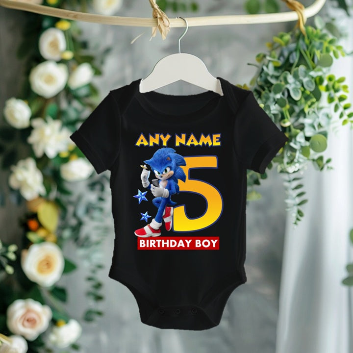 Sonic the Hedgehog Movie Sonic Personalized Custom Black T-Shirt or Onesie Theme Cake Smash Birthday Party