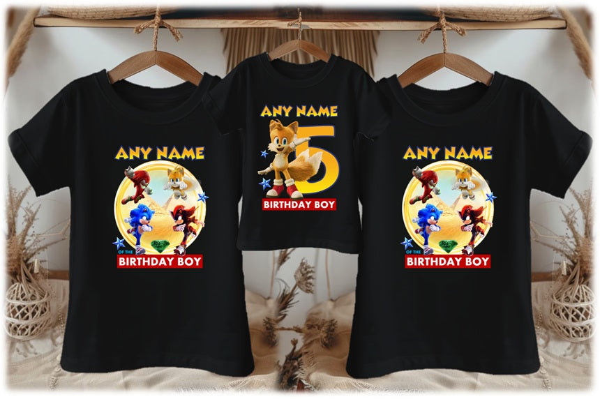 Sonic the Hedgehog Movie Tails Personalized Custom Black Family T-Shirt or Onesie Pack Theme Cake Smash Birthday Party