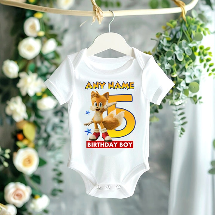 Sonic the Hedgehog Movie Tails Personalized Custom White T-Shirt or Onesie Theme Cake Smash Birthday Party