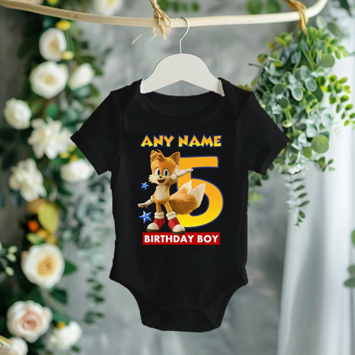 Sonic the Hedgehog Movie Tails Personalized Custom Black T-Shirt or Onesie Theme Cake Smash Birthday Party