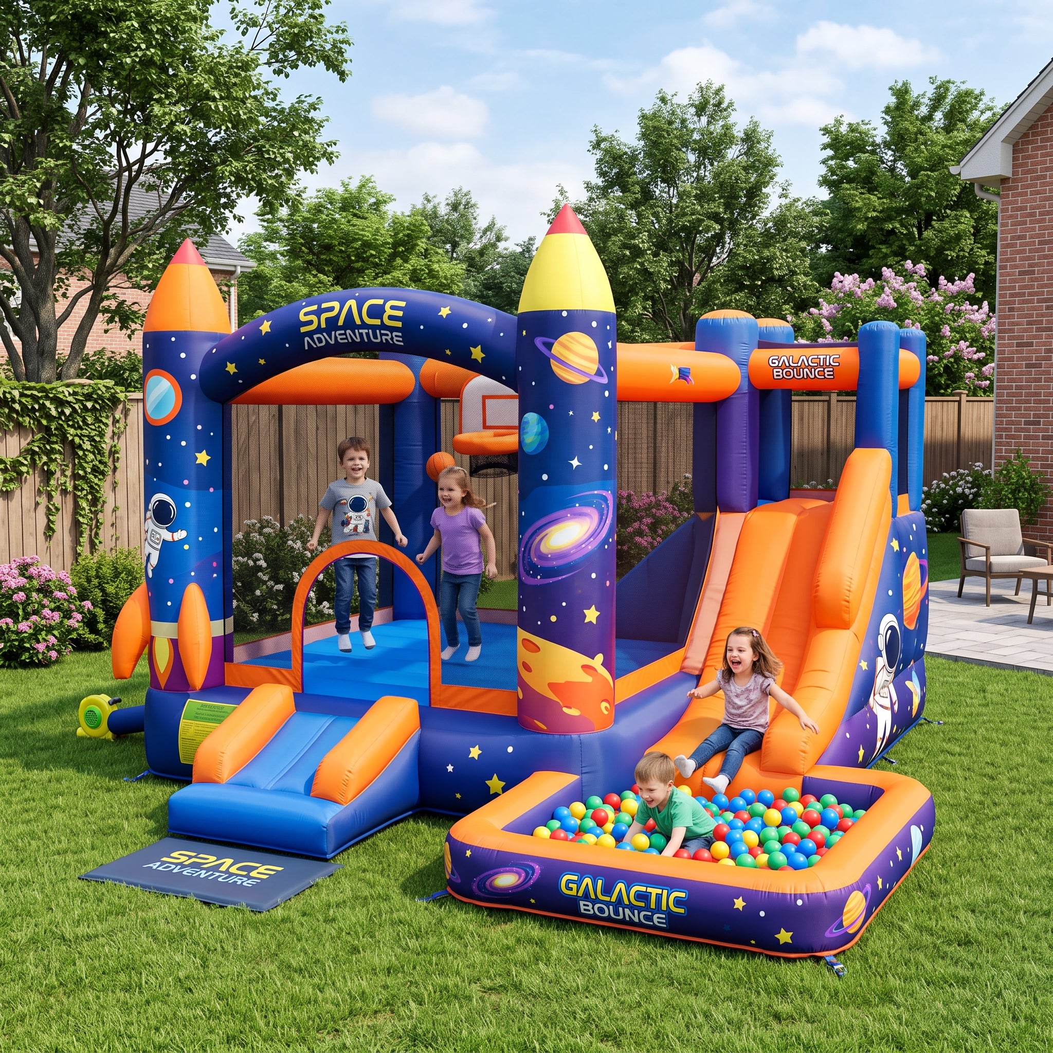 Play Bounce House Jumping Playhouse area with Slide and Ball Pit Outer Space Theme