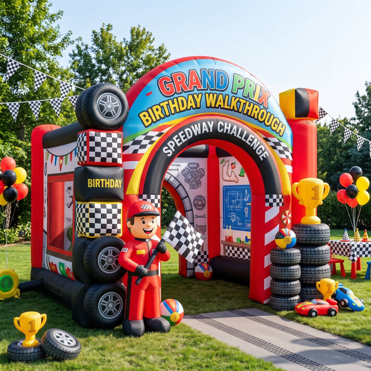 Race Car Speedway Theme Premium 10' x 10' Birthday House Inflatable Blow Up Walk-Through Archway Experience Decor Prop