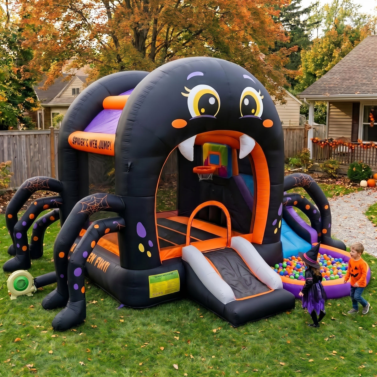 Play Bounce House Jumping Playhouse area with Slide and Ball Pit Halloween Black Spider's Head Castle Theme