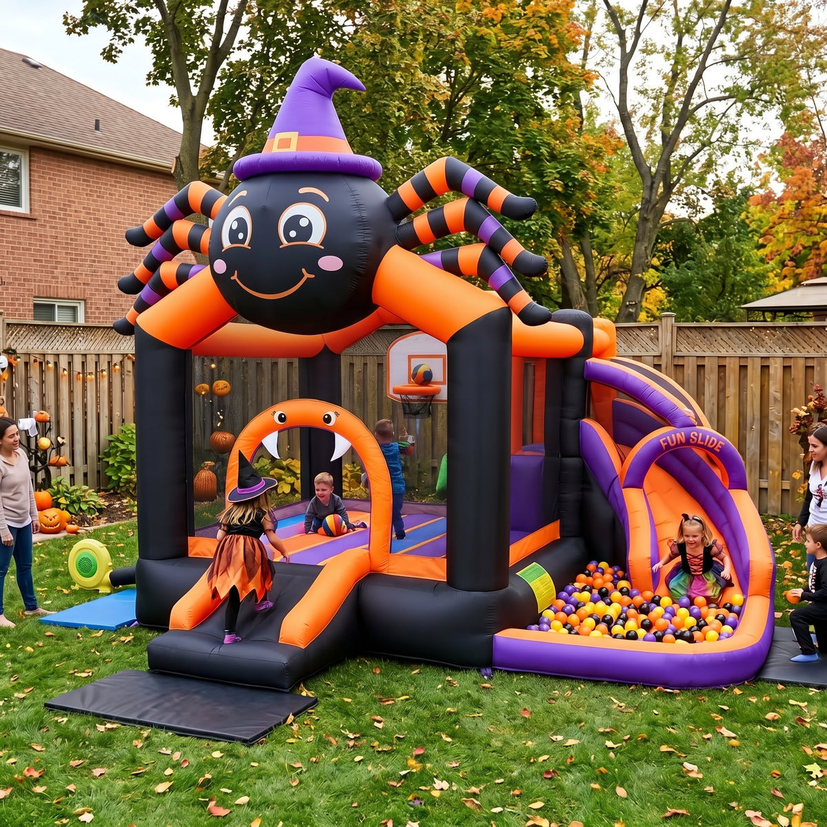 Play Bounce House Jumping Playhouse area with Slide and Ball Pit Halloween Black Spider Witch Castle Theme