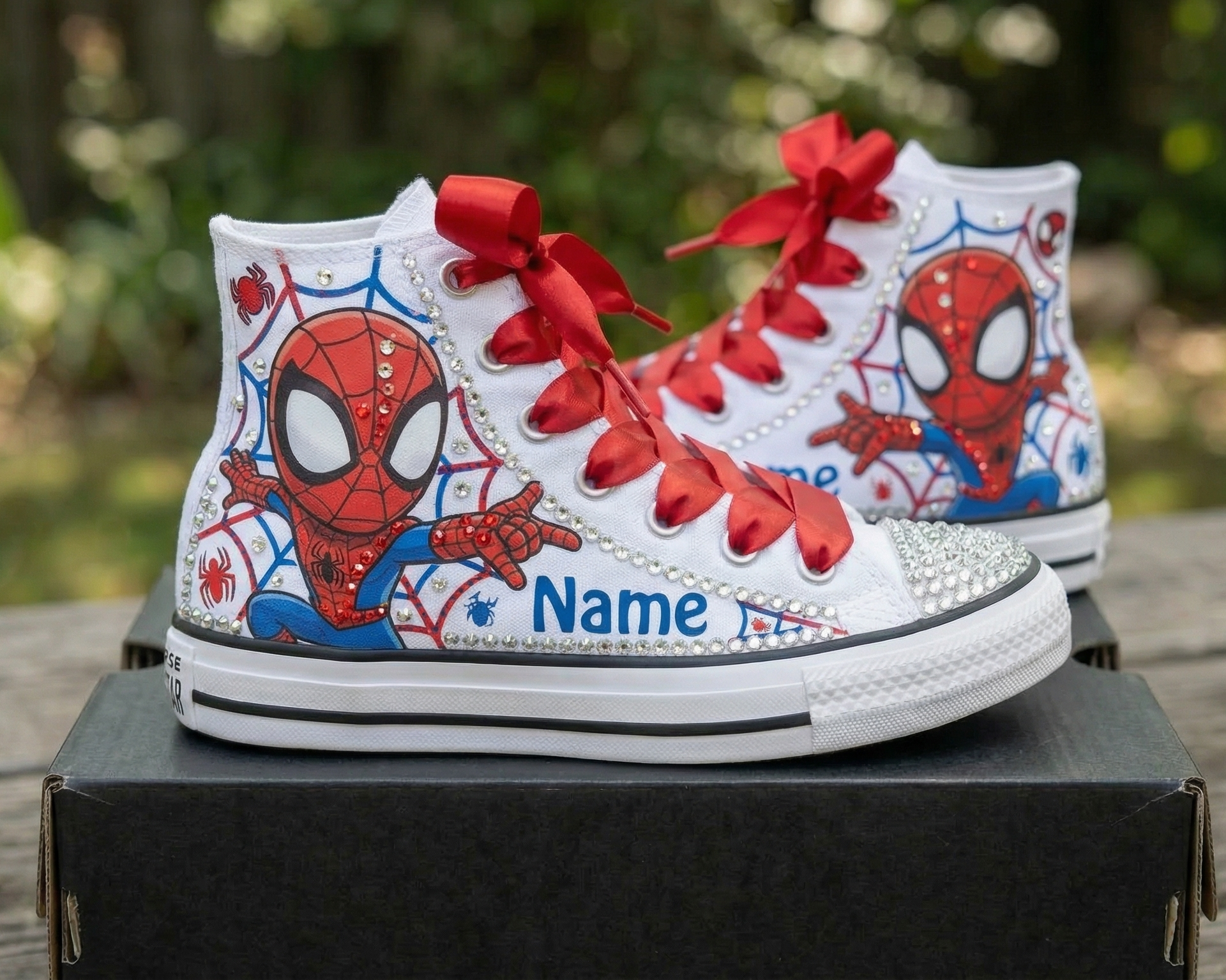 Custom Spidey Amazing Friends Spiderman High-Top Sneakers Shoes Personalized with Name, Ribbon Laces & Rhinestones Birthday Parties Everyday Gift