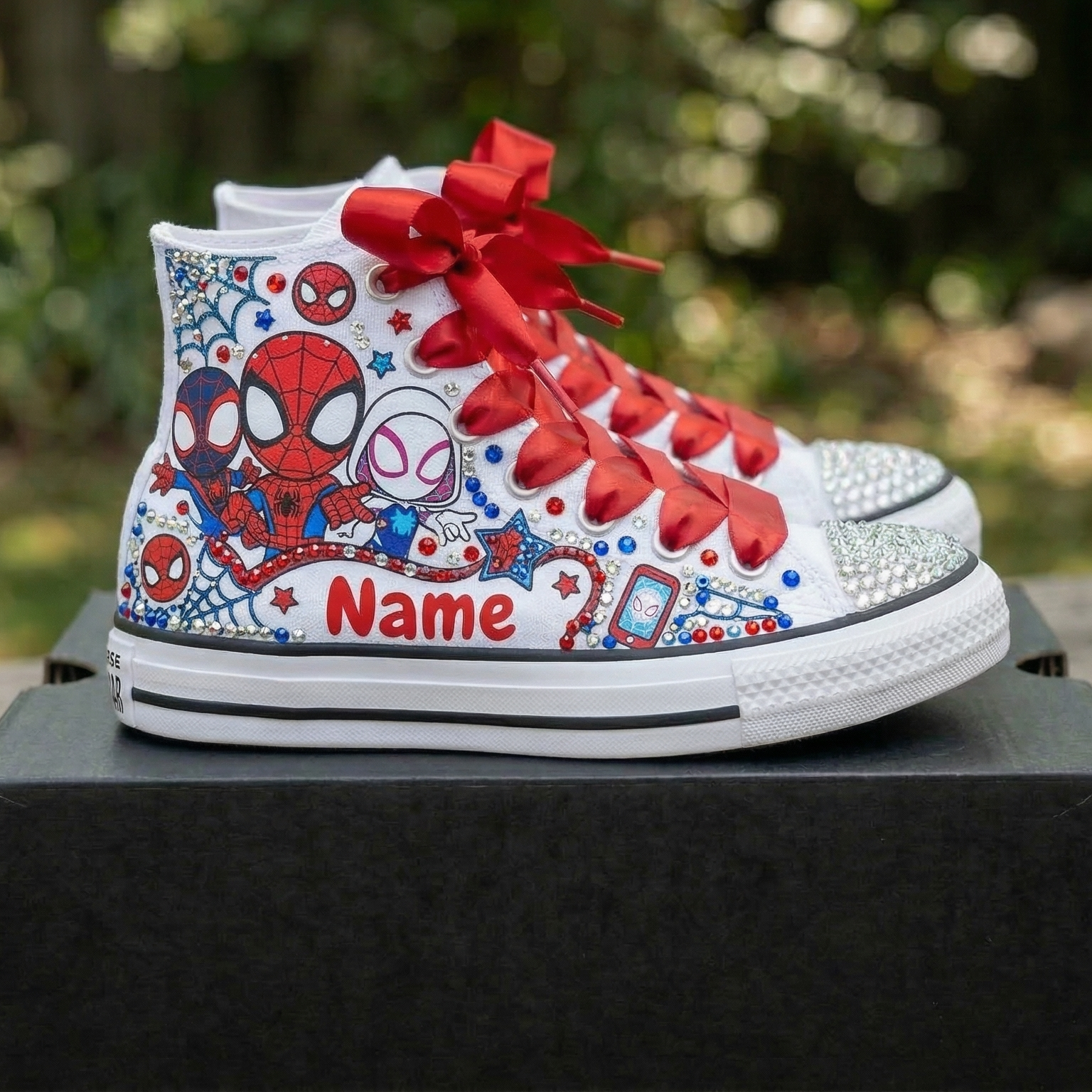 Custom Spidey Amazing Friends High-Top Sneakers Shoes Personalized with Name, Ribbon Laces & Rhinestones Birthday Parties Everyday Gift