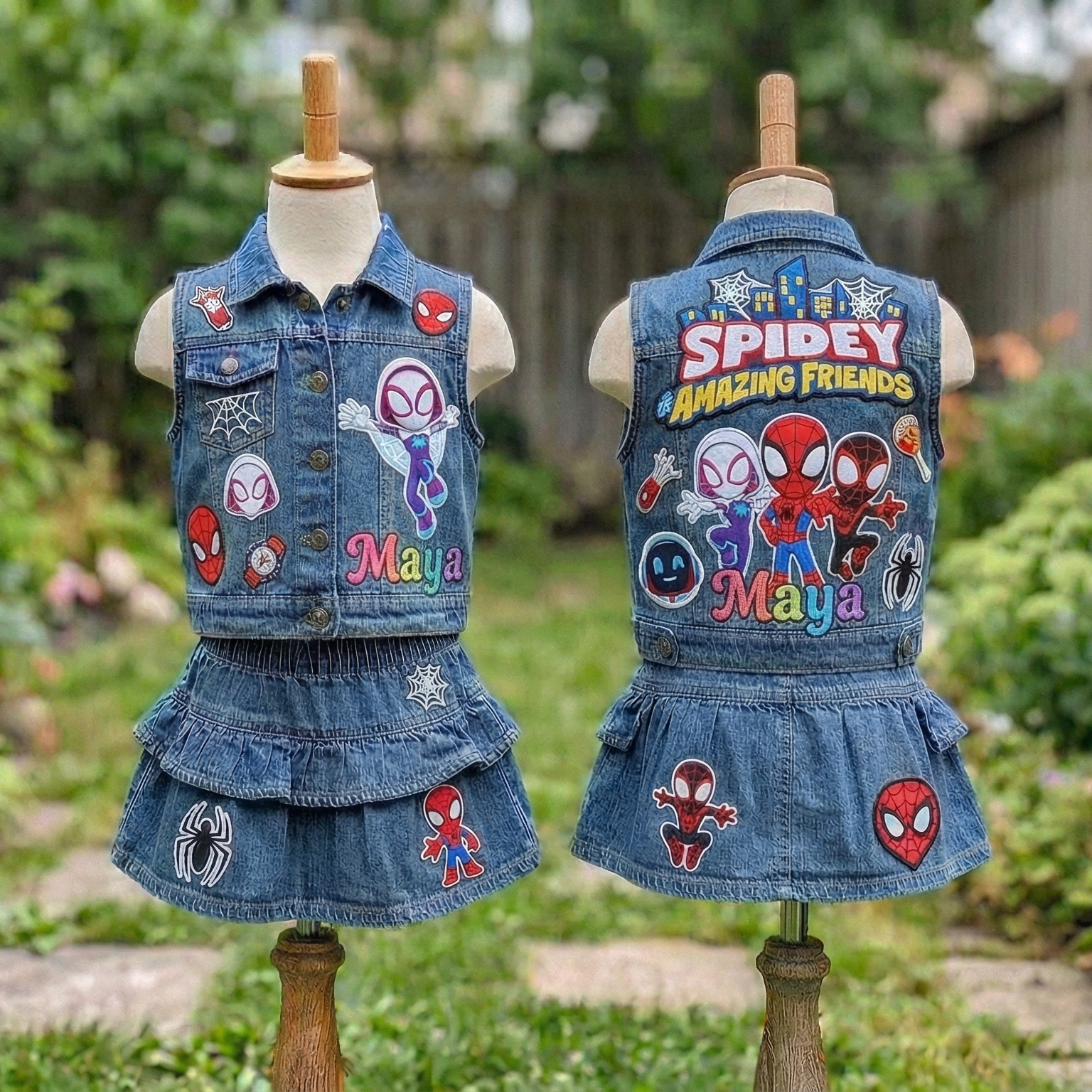 Personalized Custom Name Spidey Amazing Friends Ghost Spider Denim Vest & Skirt Set Birthday Party Cake Smash Gift