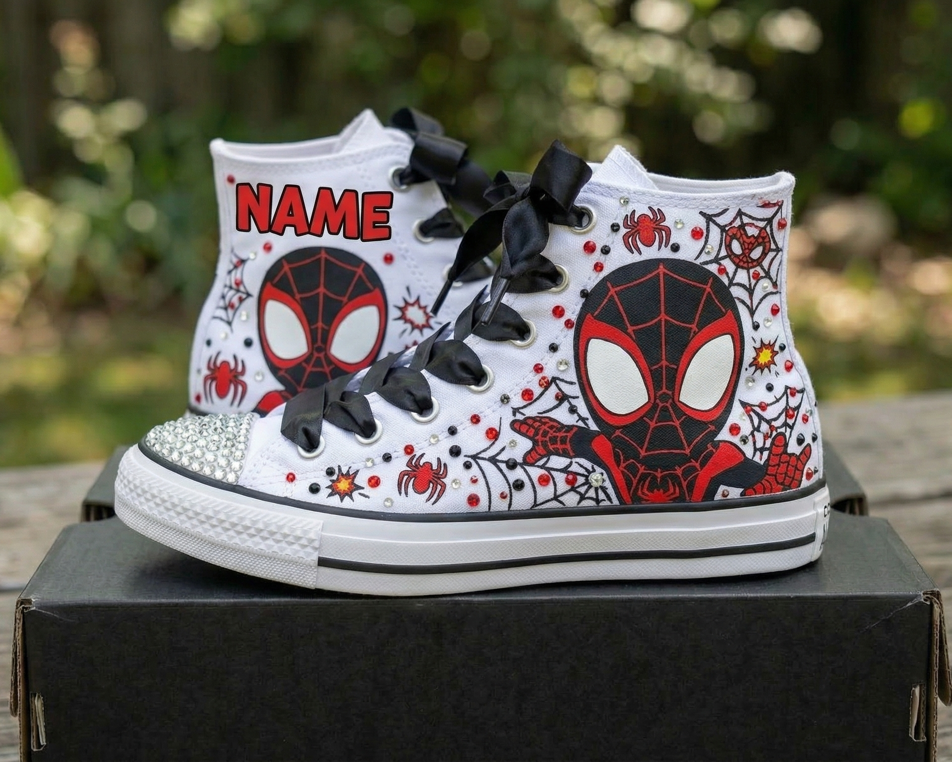 Custom Spidey Amazing Friends Spin High-Top Sneakers Shoes Personalized with Name, Ribbon Laces & Rhinestones Birthday Parties Everyday Gift