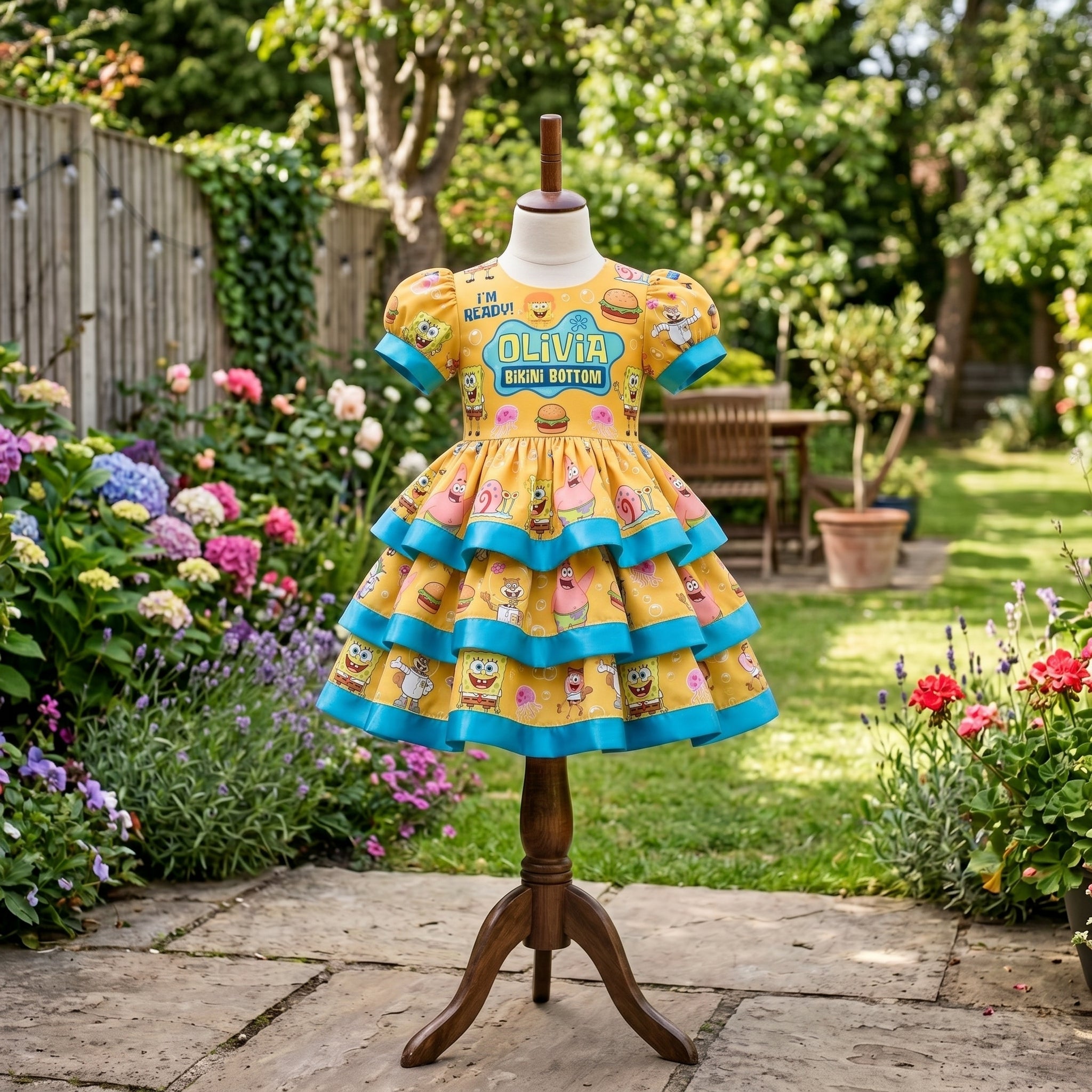 SpongeBob SquarePants Girls Personalized Custom Tiered Ruffle Dress Ribbon Trim Theme Cake Smash Birthday Party