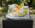 Custom SpongeBob SquarePants High-Top Sneakers Shoes Personalized with Name, Ribbon Laces & Rhinestones Birthday Parties Everyday Gift