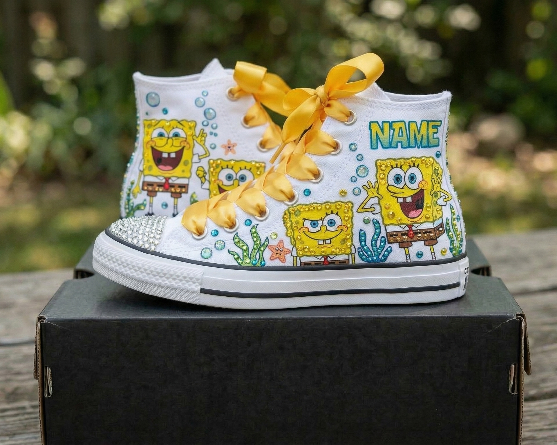Custom SpongeBob SquarePants High-Top Sneakers Shoes Personalized with Name, Ribbon Laces & Rhinestones Birthday Parties Everyday Gift