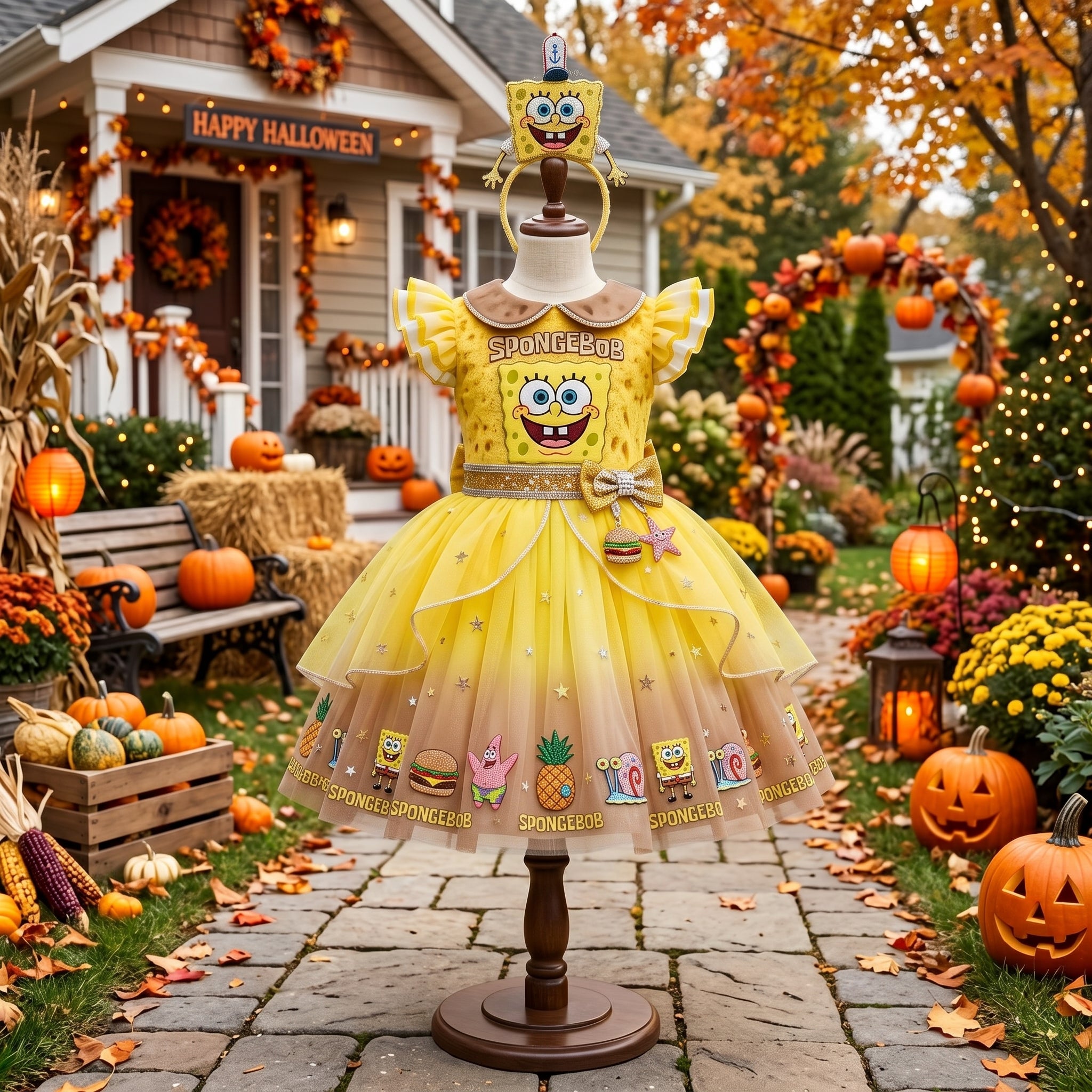 SpongeBob SquarePants Girls' Deluxe Sparkle Tutu Party Costume Dress Set with Matching Headband Halloween Birthday Pageant