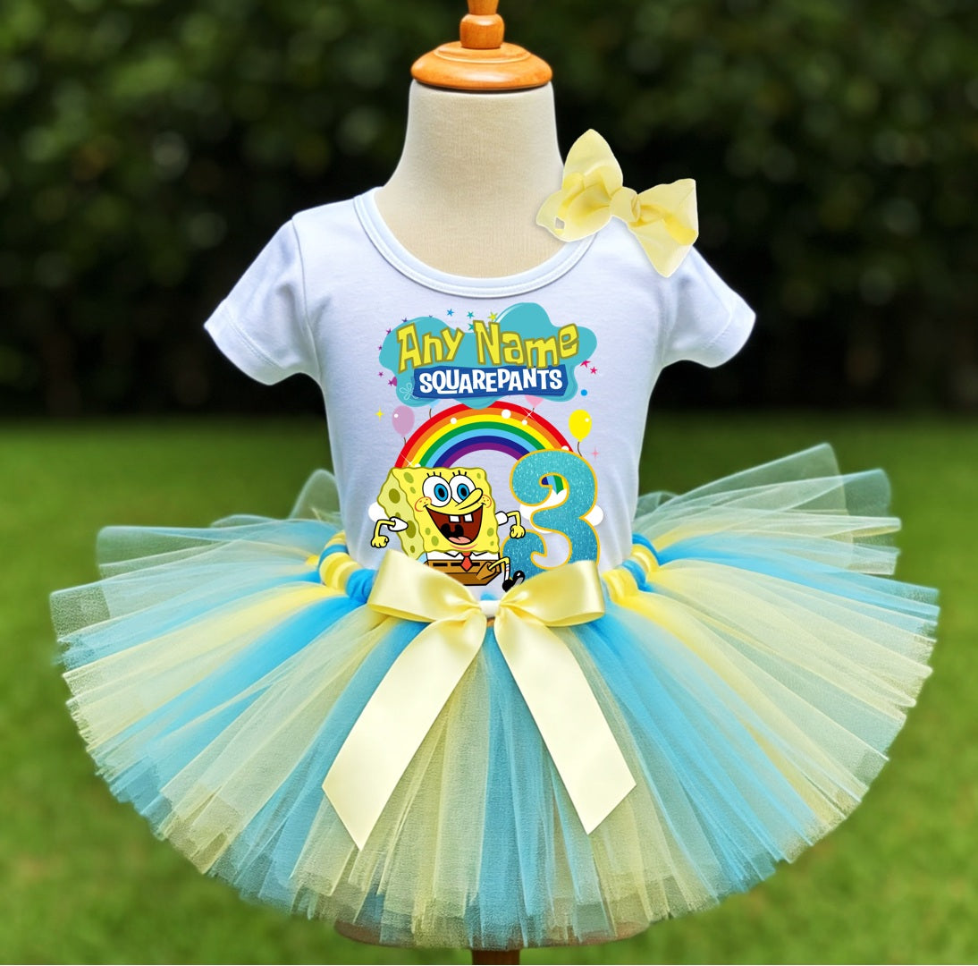 SpongeBob SquarePants Tutu Set Girls Personalized Custom Blue Yellow Tutu Outfit Dress Theme Cake Smash Birthday Party
