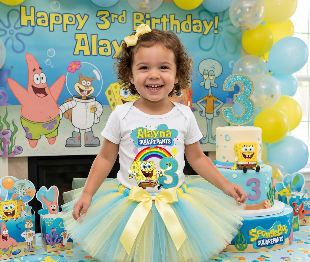 SpongeBob SquarePants Tutu Set Girls Personalized Custom Blue Yellow Tutu Outfit Dress Theme Cake Smash Birthday Party