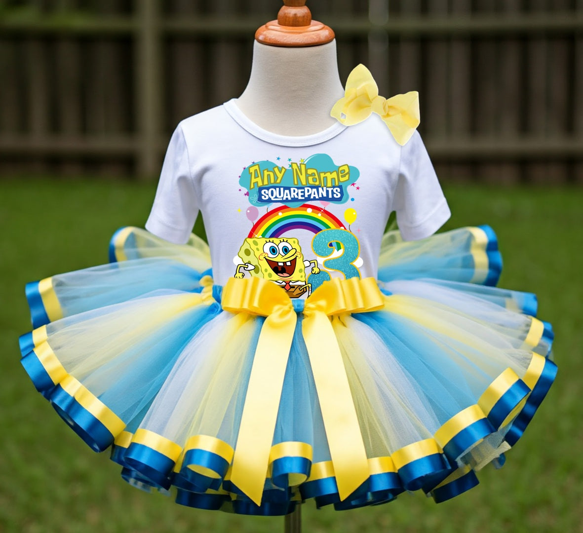 SpongeBob SquarePants Tutu Set Girls Personalized Custom Blue White Yellow Ribbon Sewn Trim Tutu Outfit Dress Theme Cake Smash Birthday Party