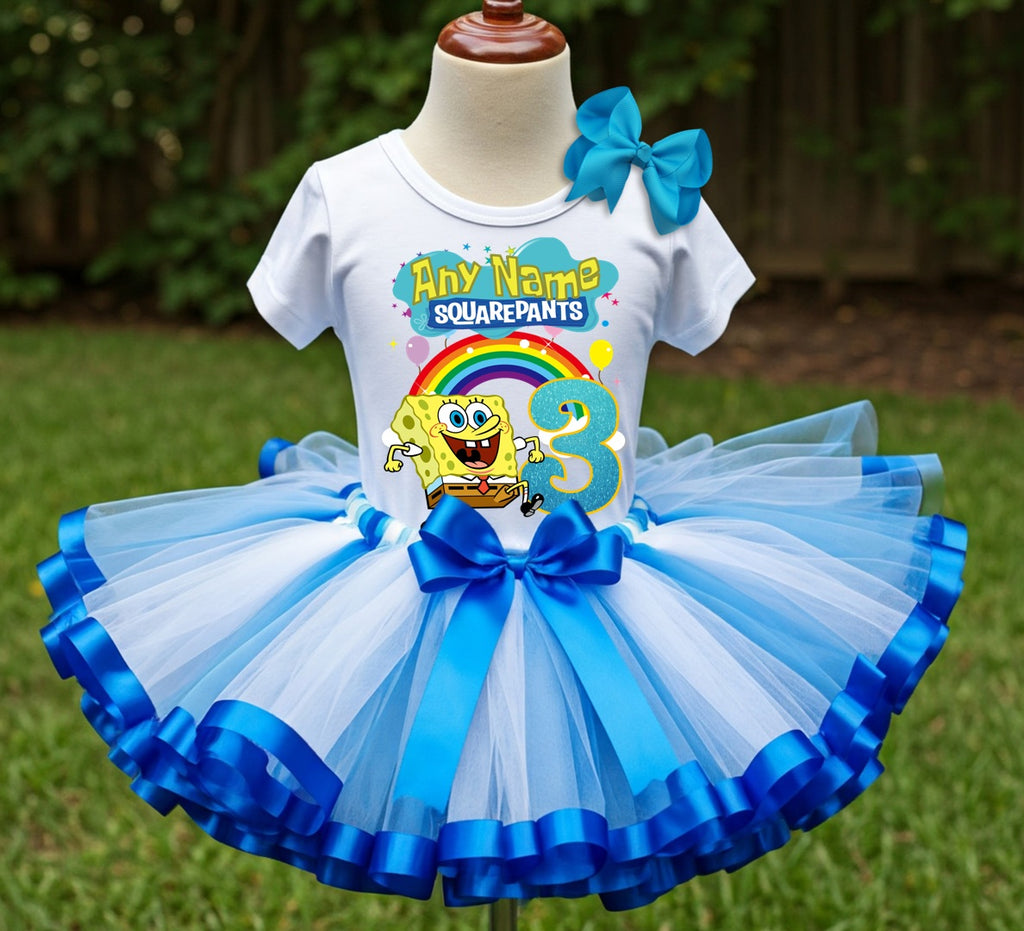 SpongeBob SquarePants Tutu Set Girls Personalized Custom Blue White Ribbon Sewn Trim Tutu Outfit Dress Theme Cake Smash Birthday Party