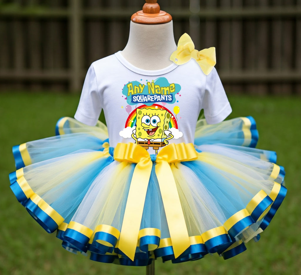 SpongeBob SquarePants Tutu Set Girls Personalized Custom Blue White Yellow Ribbon Sewn Trim Tutu Outfit Dress Theme Cake Smash Party