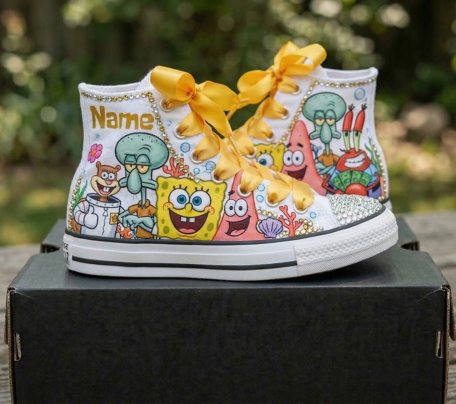 Custom SpongeBob SquarePants Friends High-Top Sneakers Shoes Personalized with Name, Ribbon Laces & Rhinestones Birthday Parties Everyday Gift