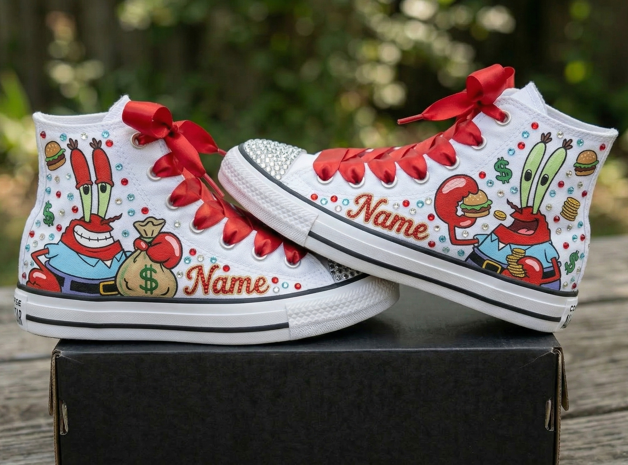 Custom SpongeBob SquarePants Mr Krabs High-Top Sneakers Shoes Personalized with Name, Ribbon Laces & Rhinestones Birthday Parties Everyday Gift