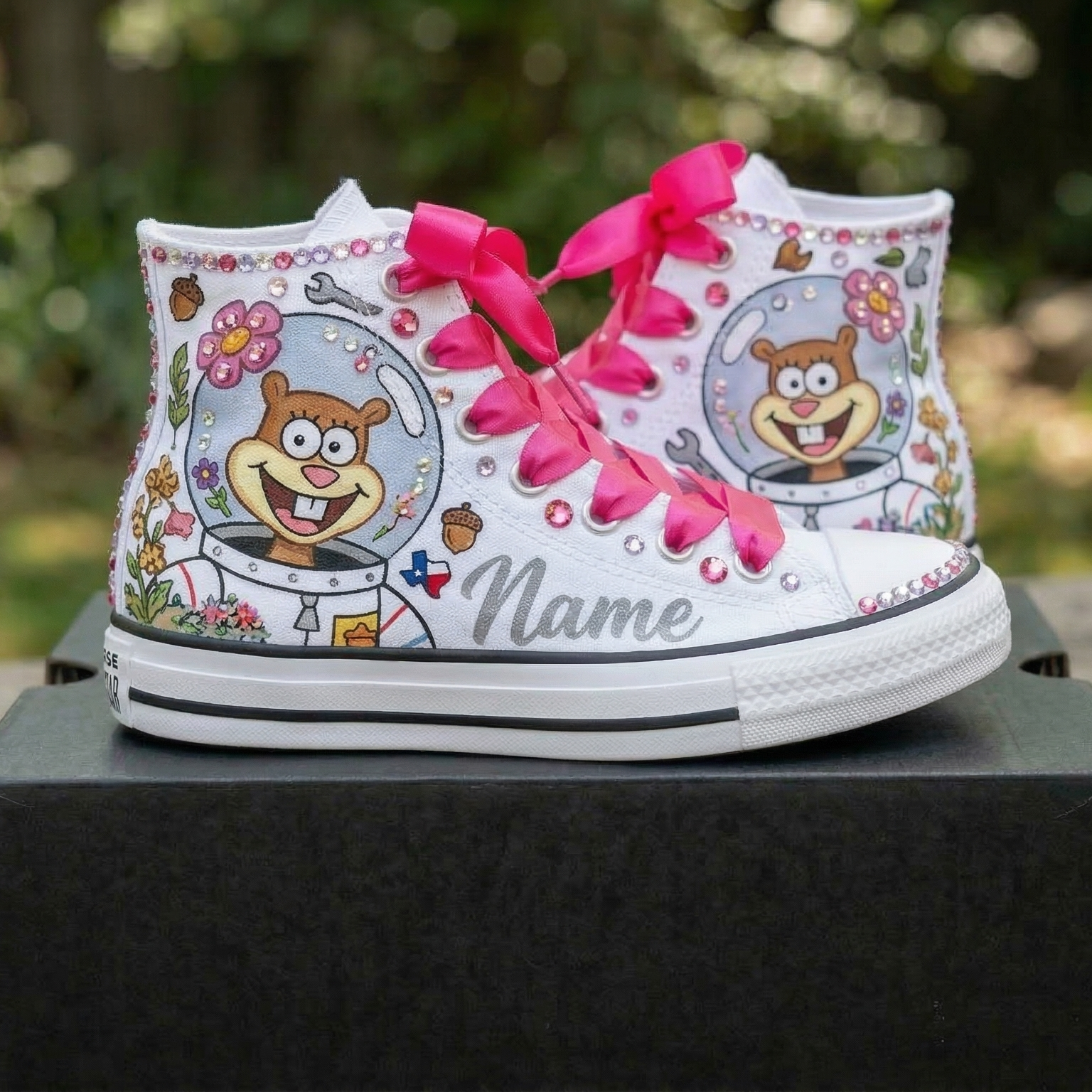 Custom SpongeBob SquarePants Sandy High-Top Sneakers Shoes Personalized with Name, Ribbon Laces & Rhinestones Birthday Parties Everyday Gift