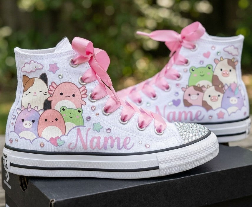 Custom Squishmallows High-Top Sneakers Shoes Personalized with Name, Ribbon Laces & Rhinestones Birthday Parties Everyday Gift