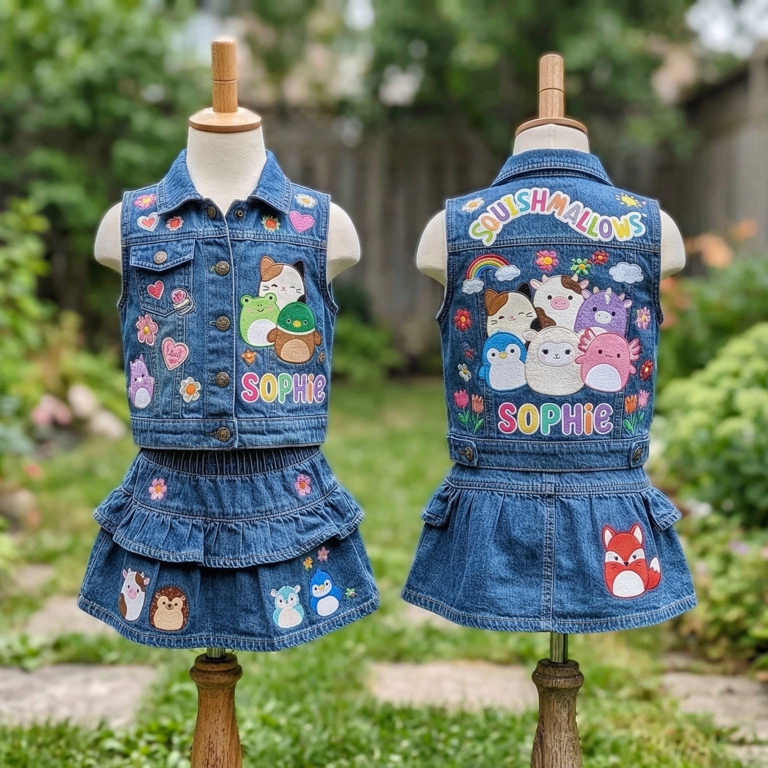 Personalized Custom Name Squishmallows Denim Vest & Skirt Set Birthday Party Cake Smash Gift