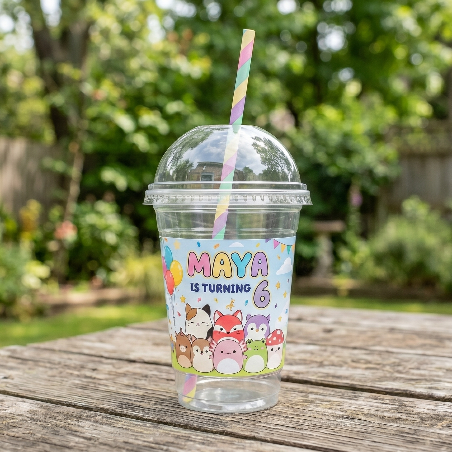 (Pack of 6) Squishmallows Custom Personalized Birthday Party 16 oz Cups with Dome Lids & Straws