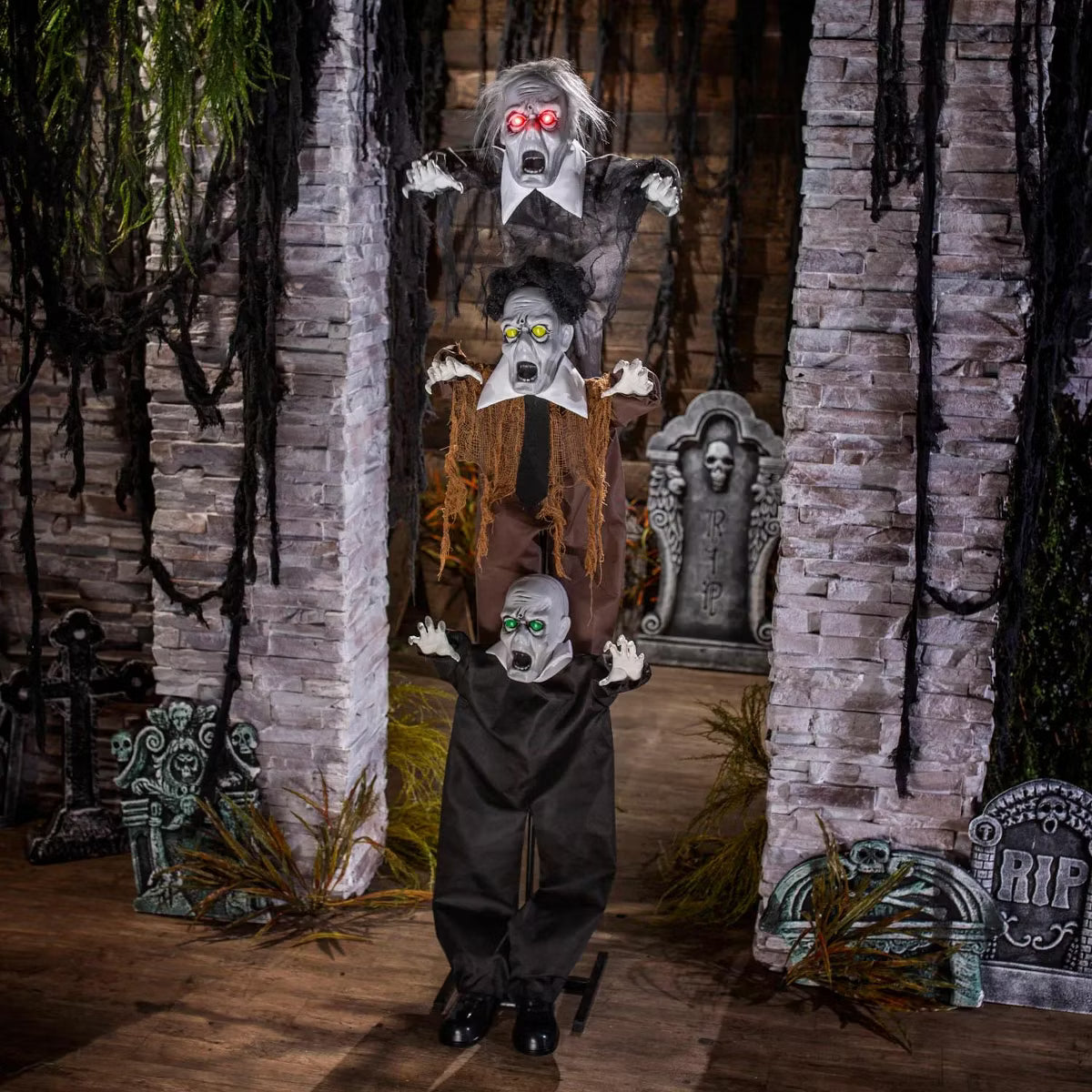 5.6' Three Animated Stacked Zombies Glowing Eyes Halloween Home Decor Accent Yard Prop