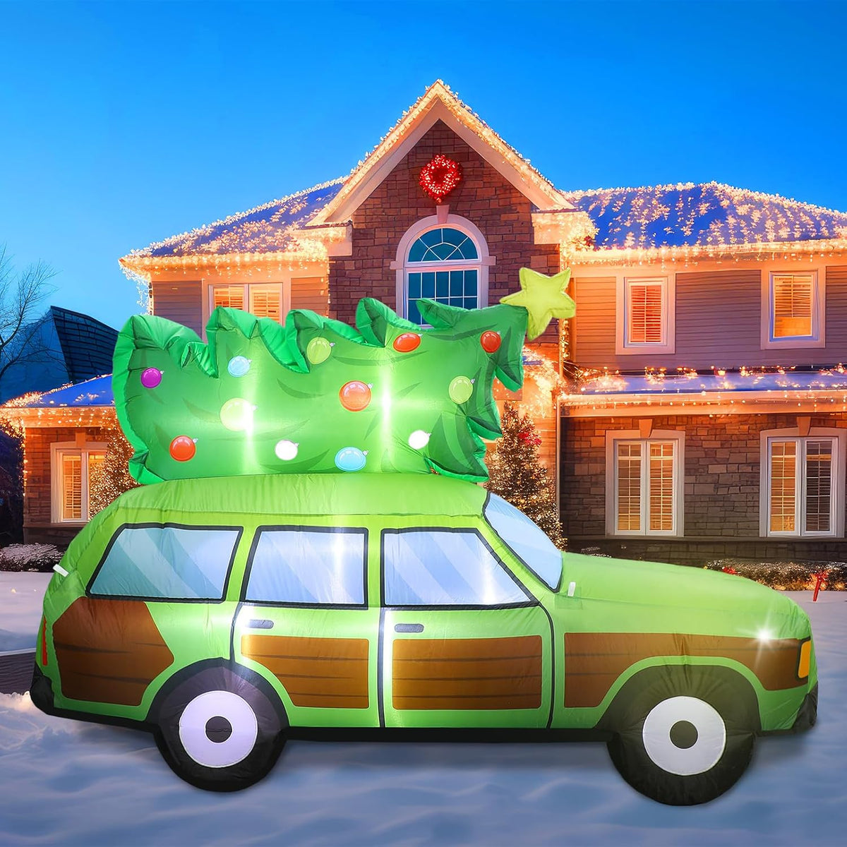 8-Foot Giant Outdoor Station Wagon Car with Christmas Tree Inflatable with LED Illumination Christmas Blow Up Yard Decor