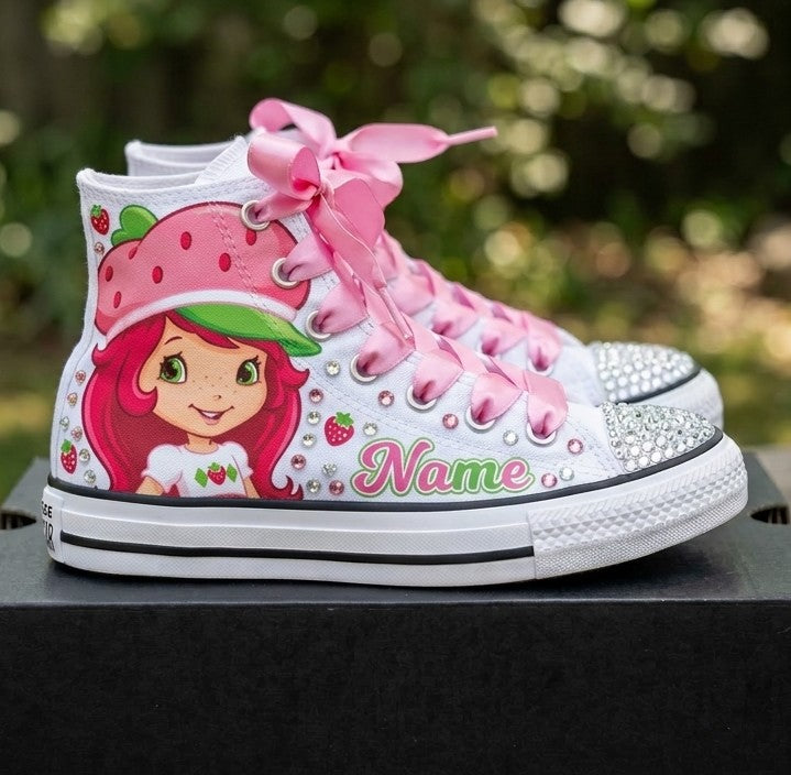 Custom Strawberry Shortcake High-Top Sneakers Shoes Personalized with Name, Ribbon Laces & Rhinestones Birthday Parties Everyday Gift