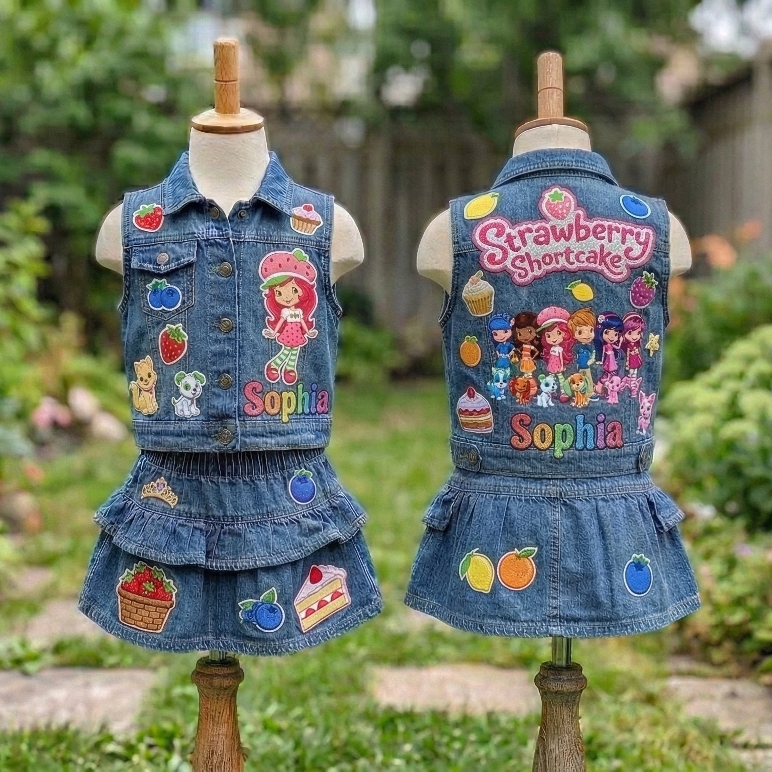 Personalized Custom Name Strawberry Shortcake Denim Vest & Skirt Set Birthday Party Cake Smash Gift