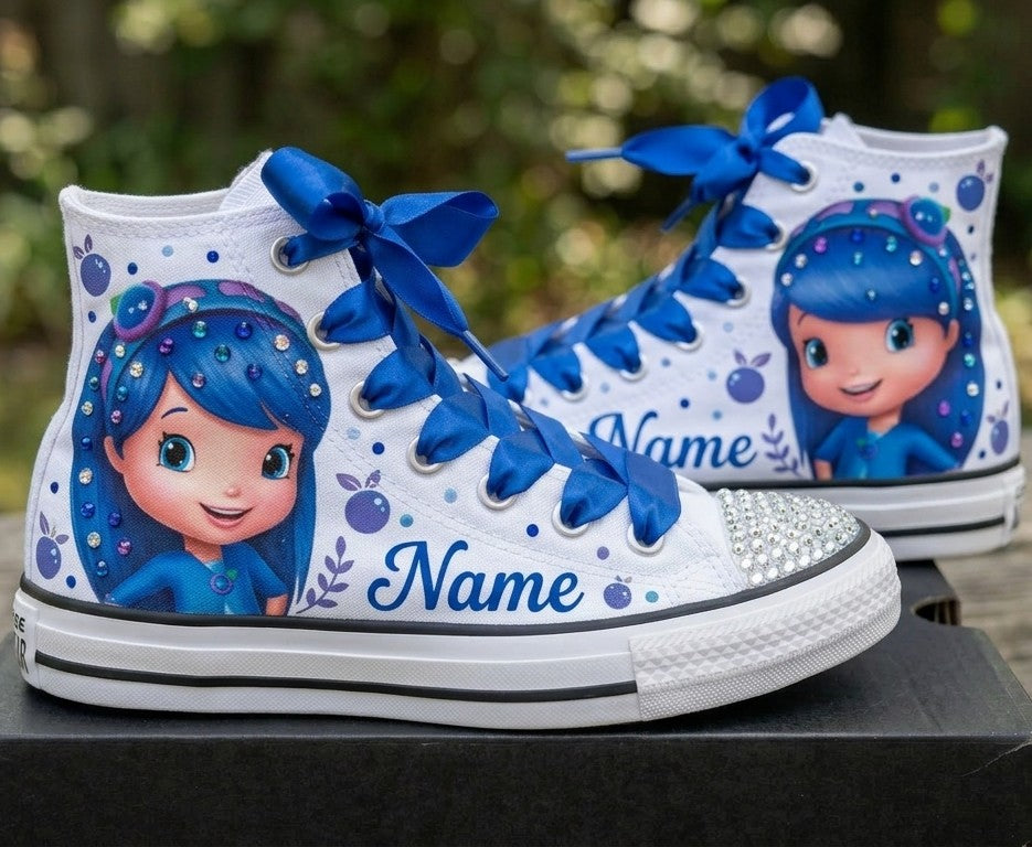 Custom Strawberry Shortcake Blueberry Muffin High-Top Sneakers Shoes Personalized with Name, Ribbon Laces & Rhinestones Birthday Parties Everyday Gift