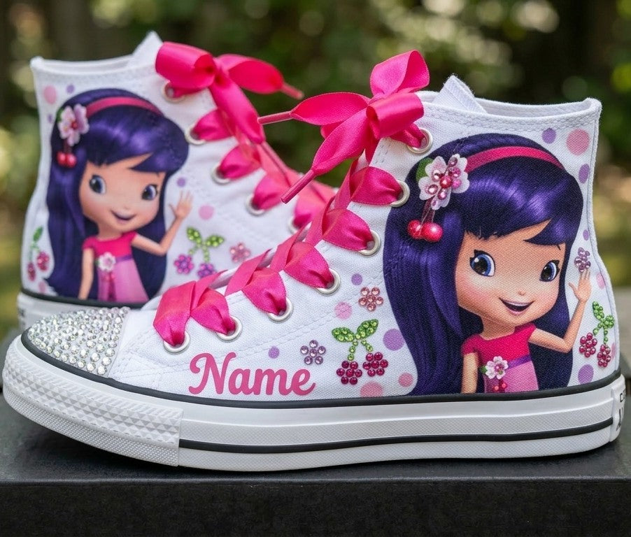 Custom Strawberry Shortcake Cherry Jam High-Top Sneakers Shoes Personalized with Name, Ribbon Laces & Rhinestones Birthday Parties Everyday Gift