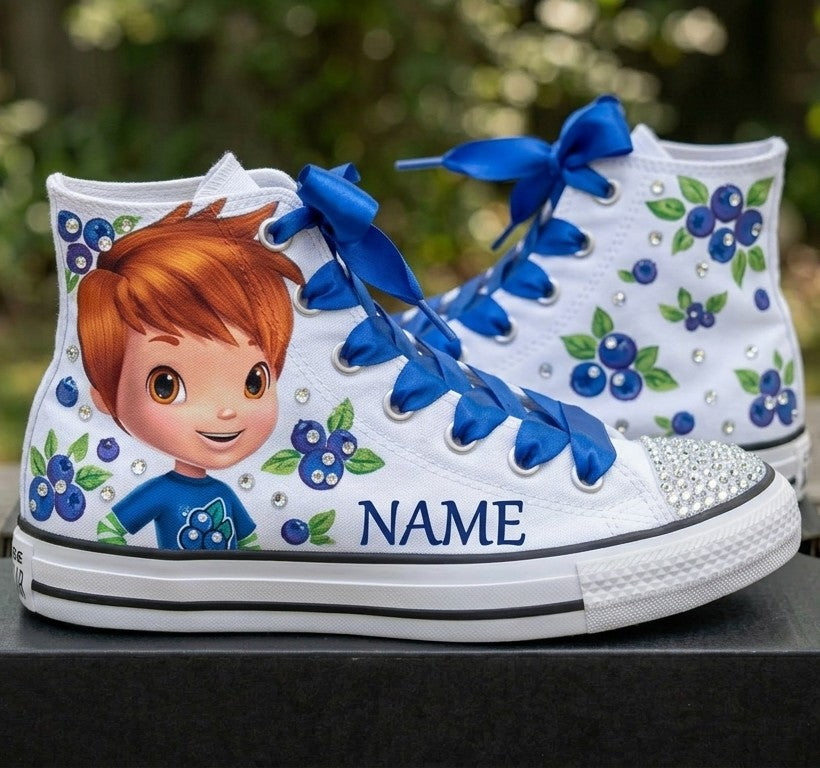 Custom Strawberry Shortcake Huckleberry Pie High-Top Sneakers Shoes Personalized with Name, Ribbon Laces & Rhinestones Birthday Parties Everyday Gift