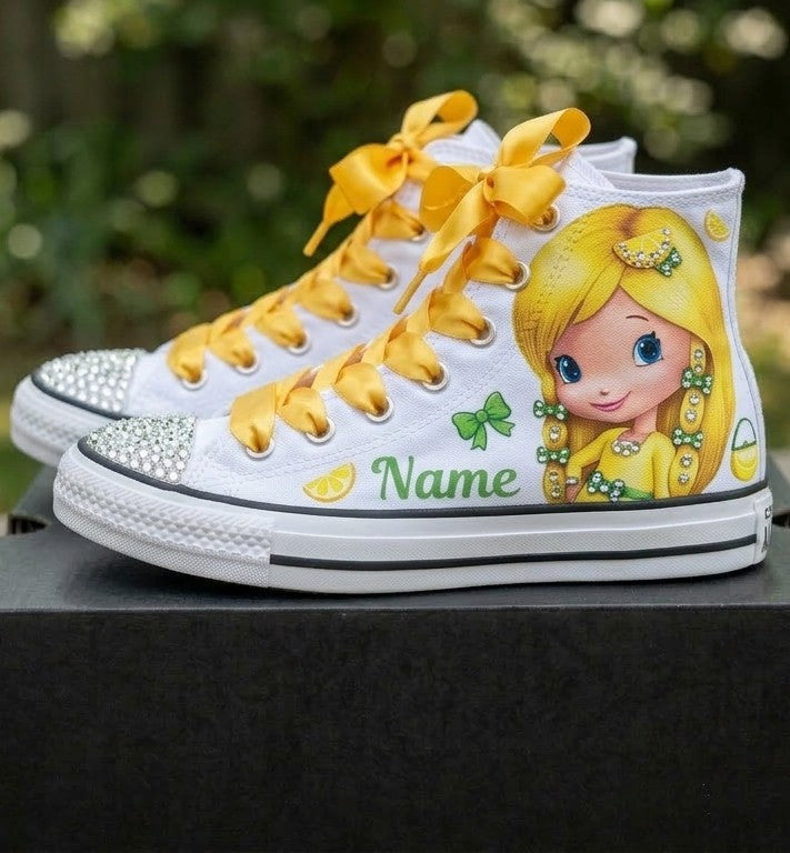 Custom Strawberry Shortcake Lemon Meringue High-Top Sneakers Shoes Personalized with Name, Ribbon Laces & Rhinestones Birthday Parties Everyday Gift