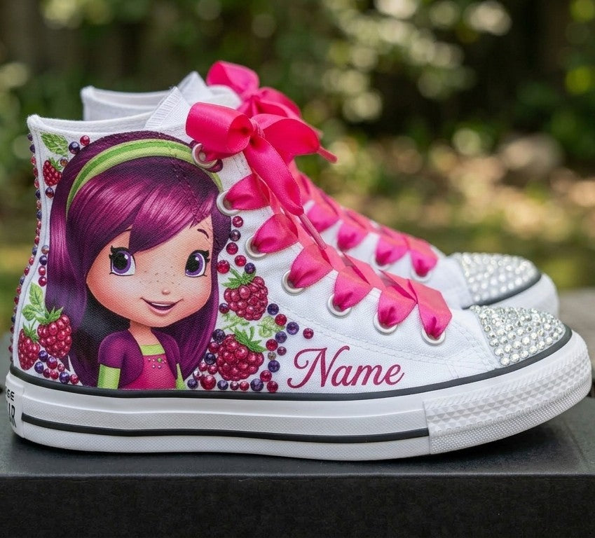 Custom Strawberry Shortcake Raspberry Torte High-Top Sneakers Shoes Personalized with Name, Ribbon Laces & Rhinestones Birthday Parties Everyday Gift