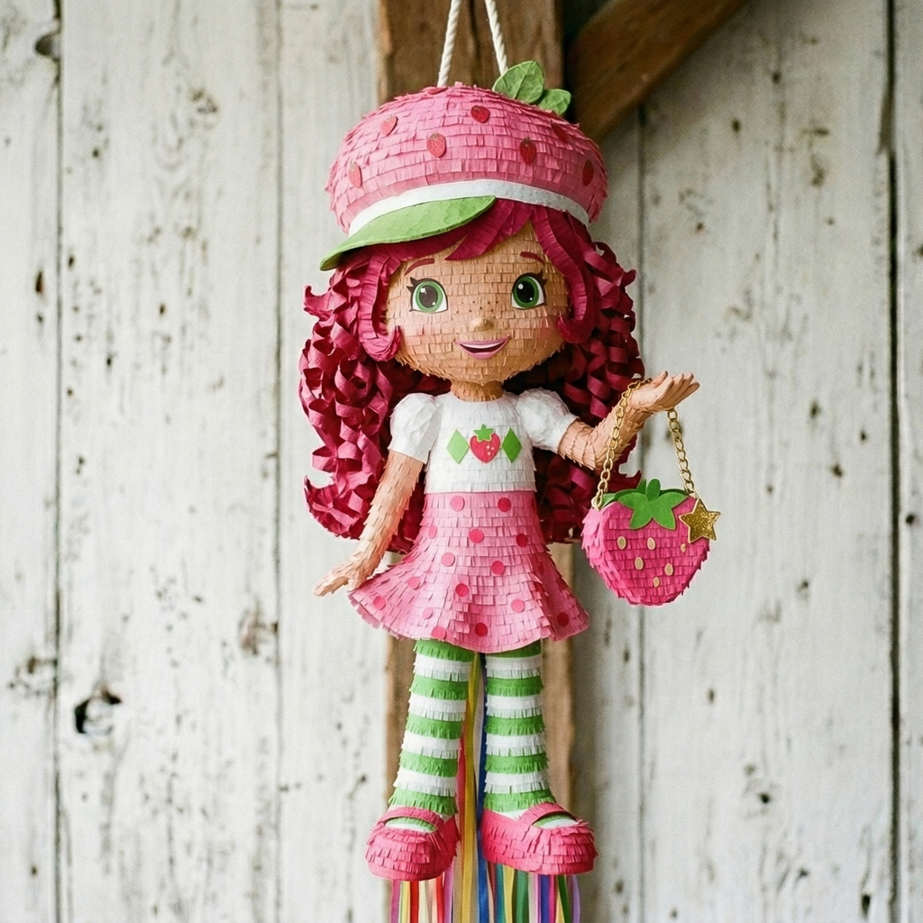 Premium Handmade 30-Inch Strawberry Shortcake Character Pull-String Piñata Table Decor Party Centerpiece