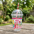 (Pack of 6) Strawberry Shortcake Custom Personalized Birthday Party 16 oz Cups with Dome Lids & Straws