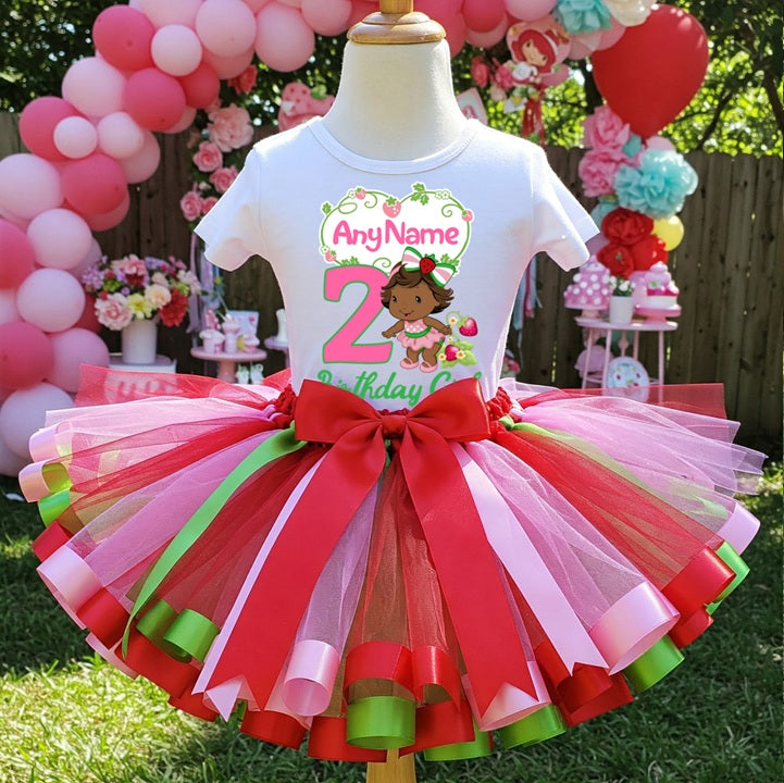 Strawberry Shortcake Black Baby Girl Tutu Set Girls Personalized Custom Red Pink Green Ribbon Sewn Trim Tutu Outfit Dress Theme Cake Smash Birthday Party